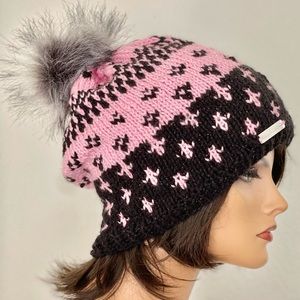 Hand Knits 2 Live Beanie Hat Cap Slouch Fair-isle Faux Fur Pom Pom Designer Hip